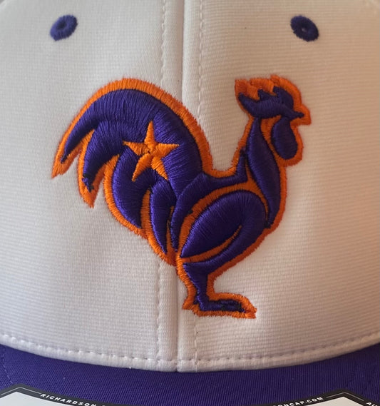 Purple rooster with orange outline & star on white/purple hat