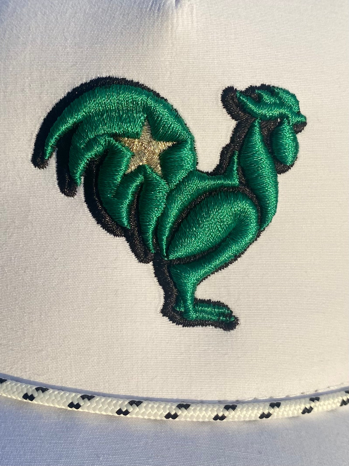 Kelly green rooster with black outline & gold star on white SnapBack