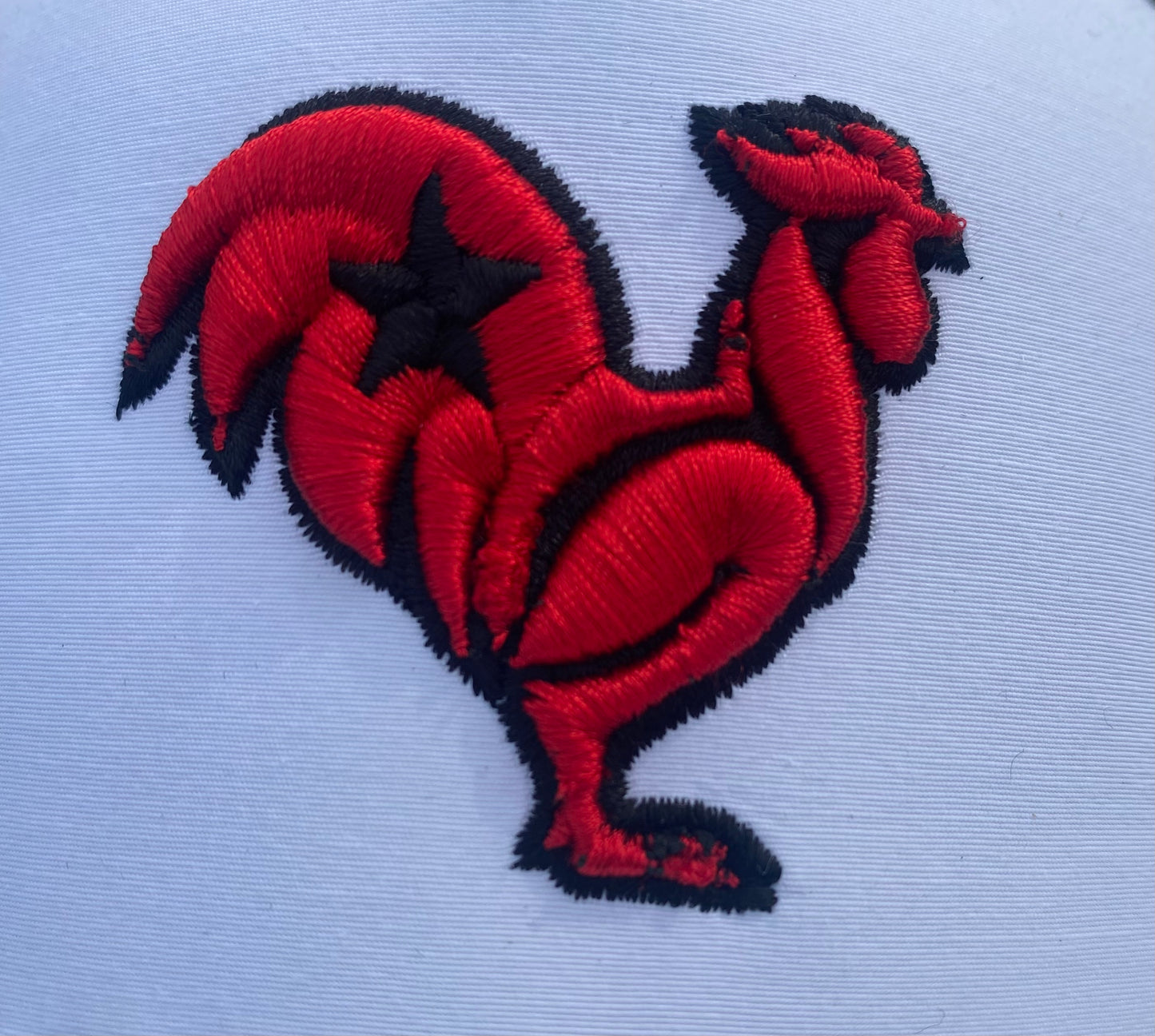 Red rooster with black outline and star on white snapback