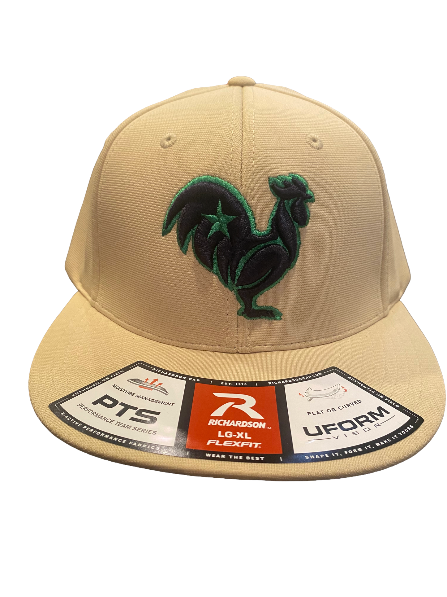 Navy rooster with green outline & star, khaki hat