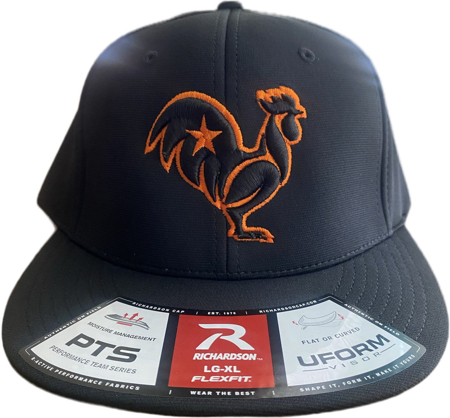 Black on black with bright orange outline & star