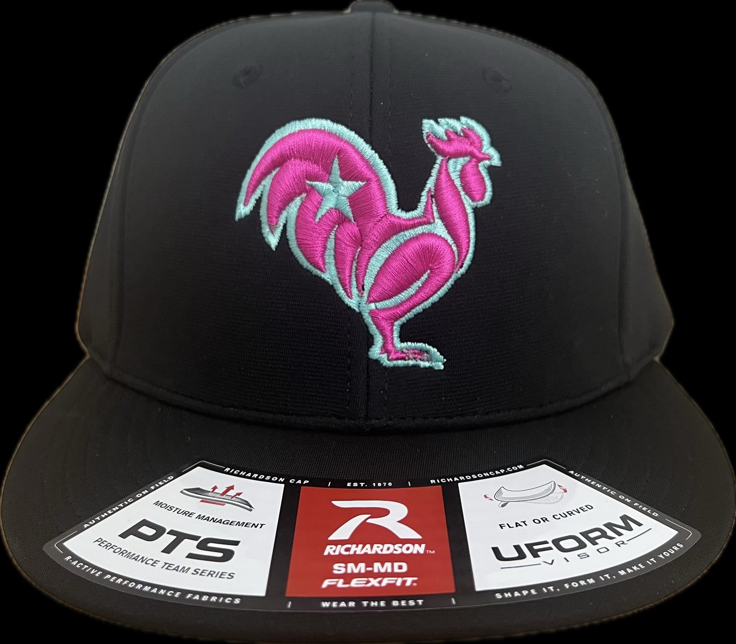 Hot pink rooster with mint outline & star, black hat