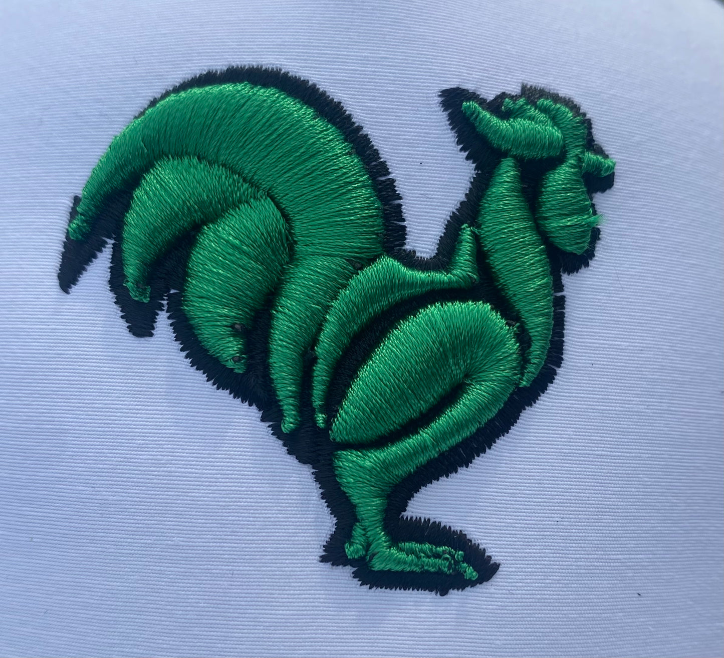 Kelly green rooster with black putline on white Snapback