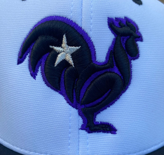 Black rooster with purple outline & metallic silver star on  white/black hat