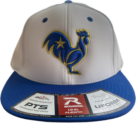 White/Royal Hat with Royal Rooster with Yellow Outline & star