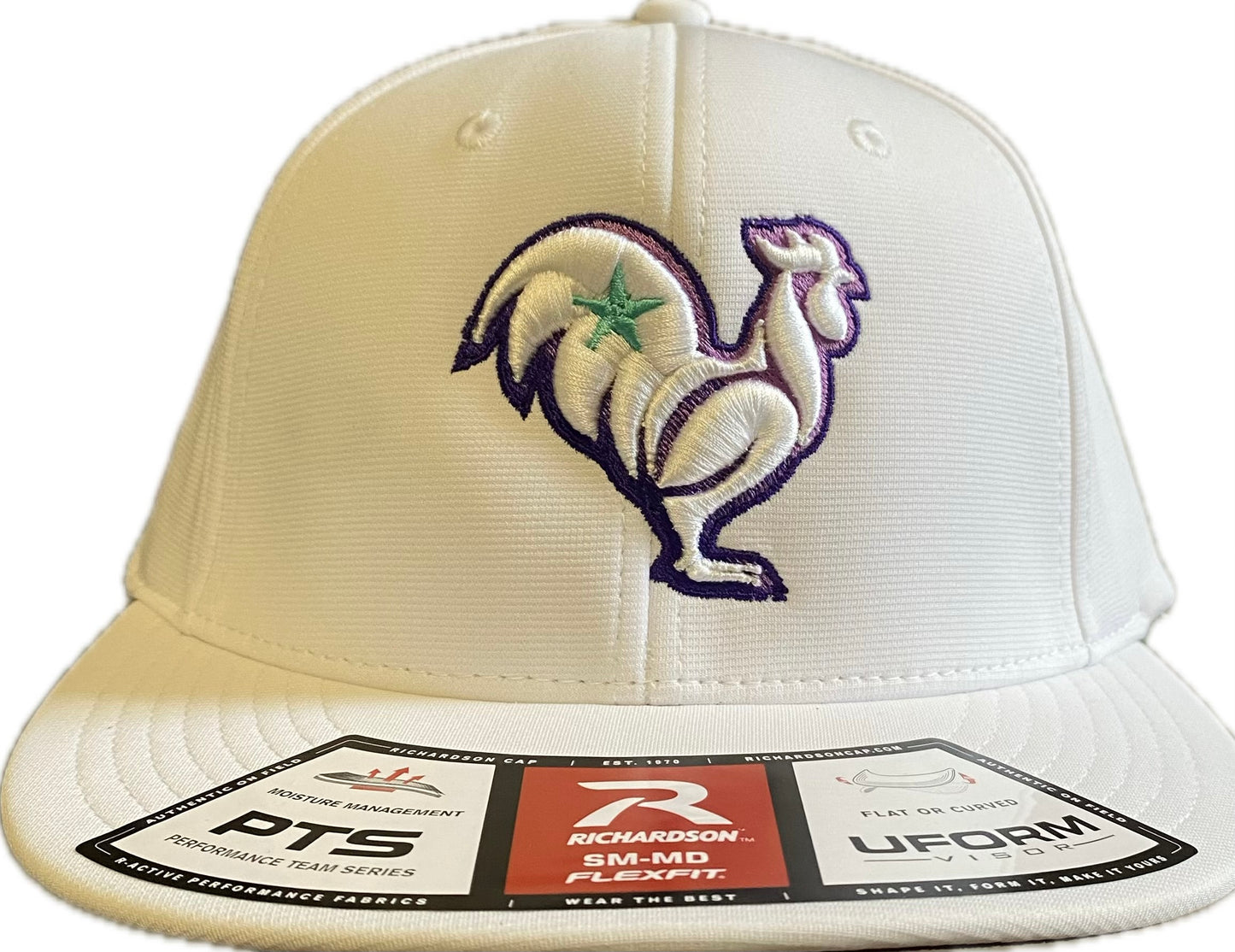 White hat, white rooster with purple ombré outline & teal star