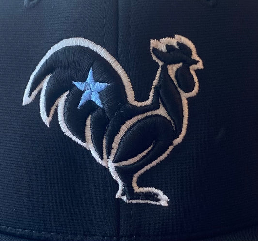 Black rooster with white outline & blue star, black hat