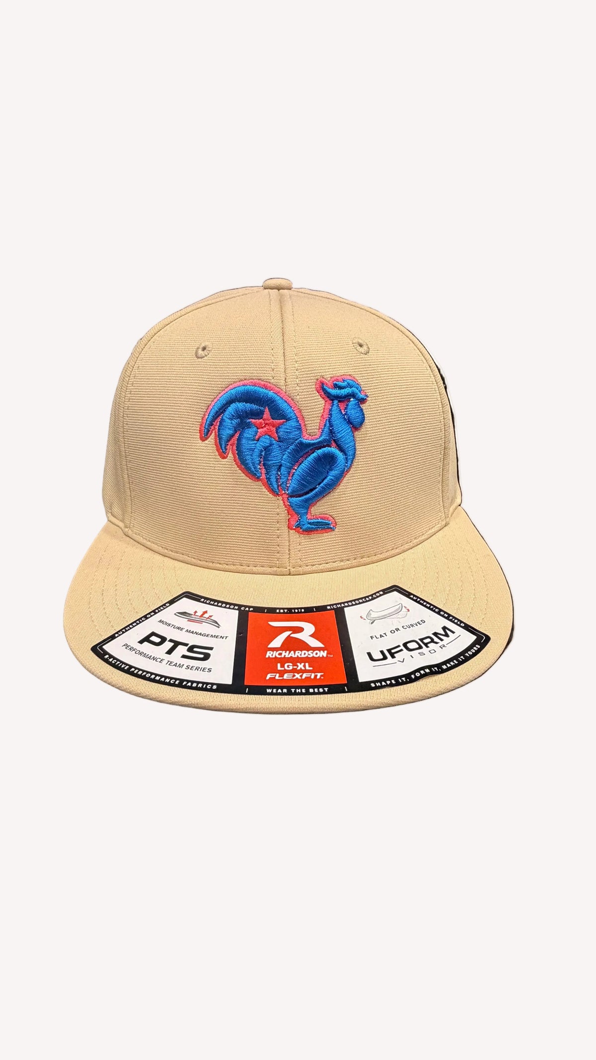 Electric blue rooster with hot pink outline & star, Vegas gold hat