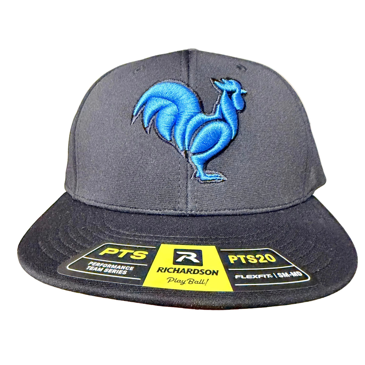 Black hat with electric blue rooster