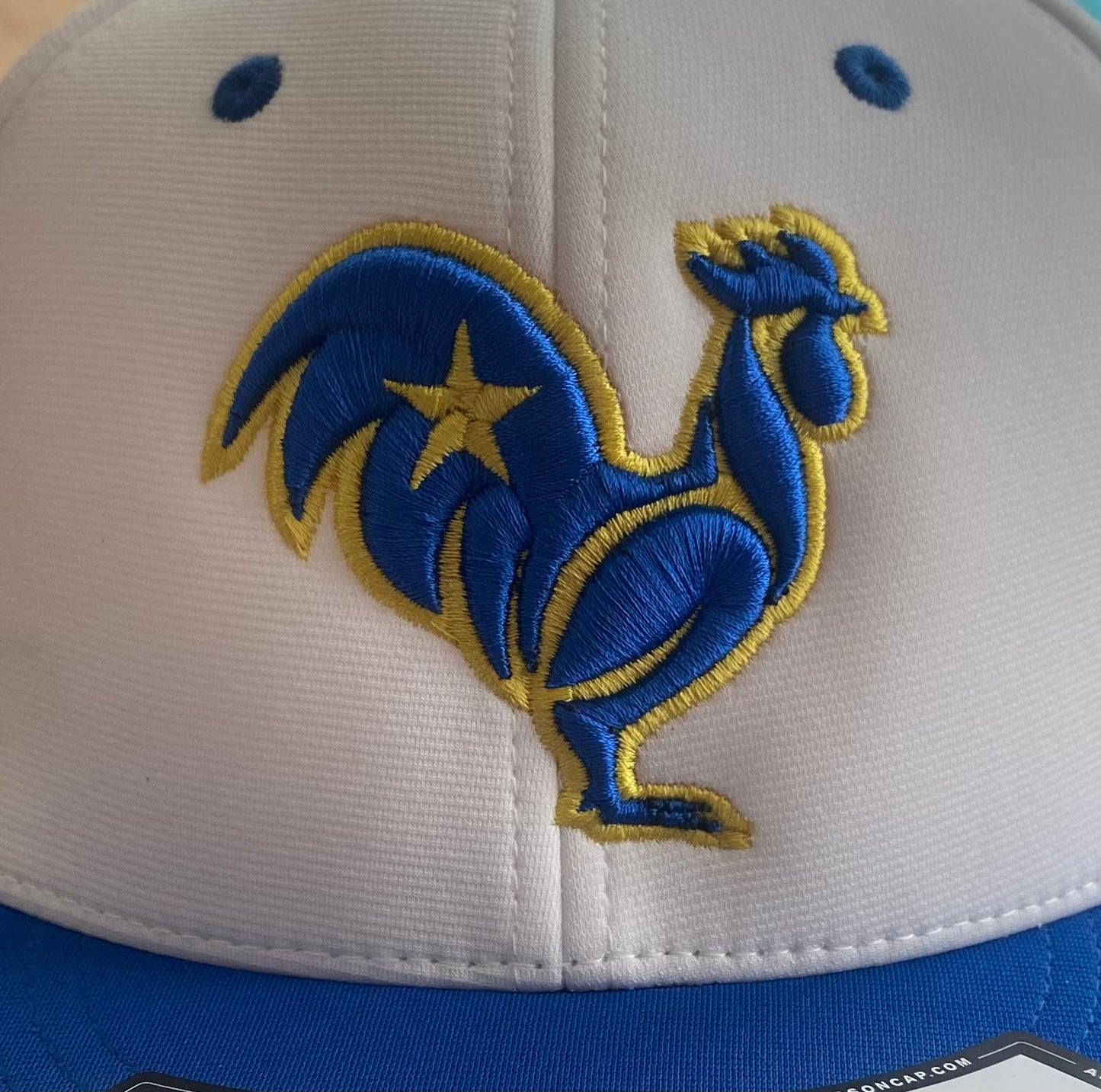 White/Royal Hat with Royal Rooster with Yellow Outline & star