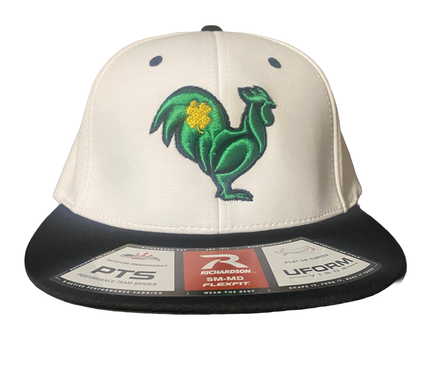 Green rooster with gold clover on white/black