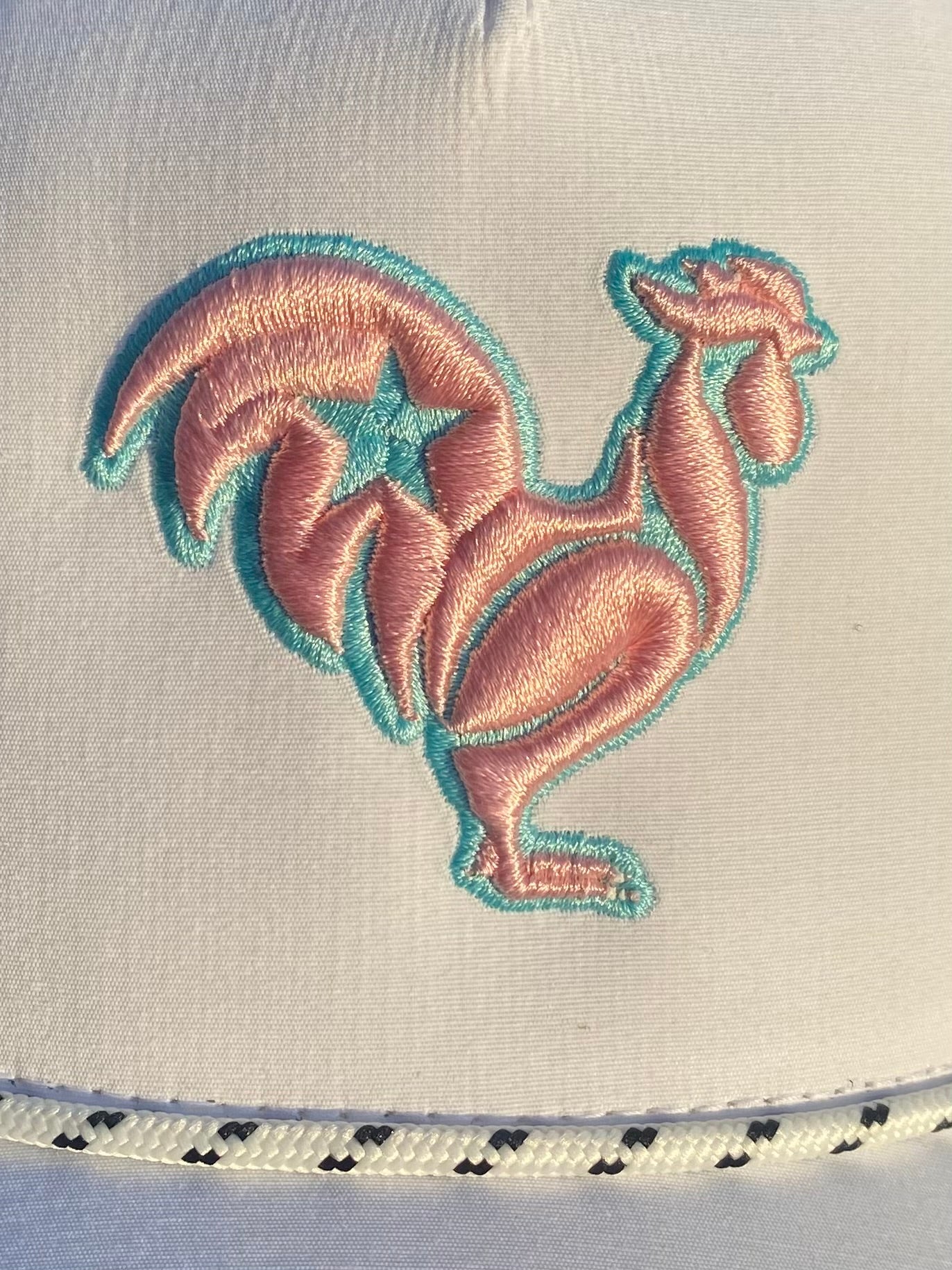 Light pink rooster with teal outline & star on white SnapBack