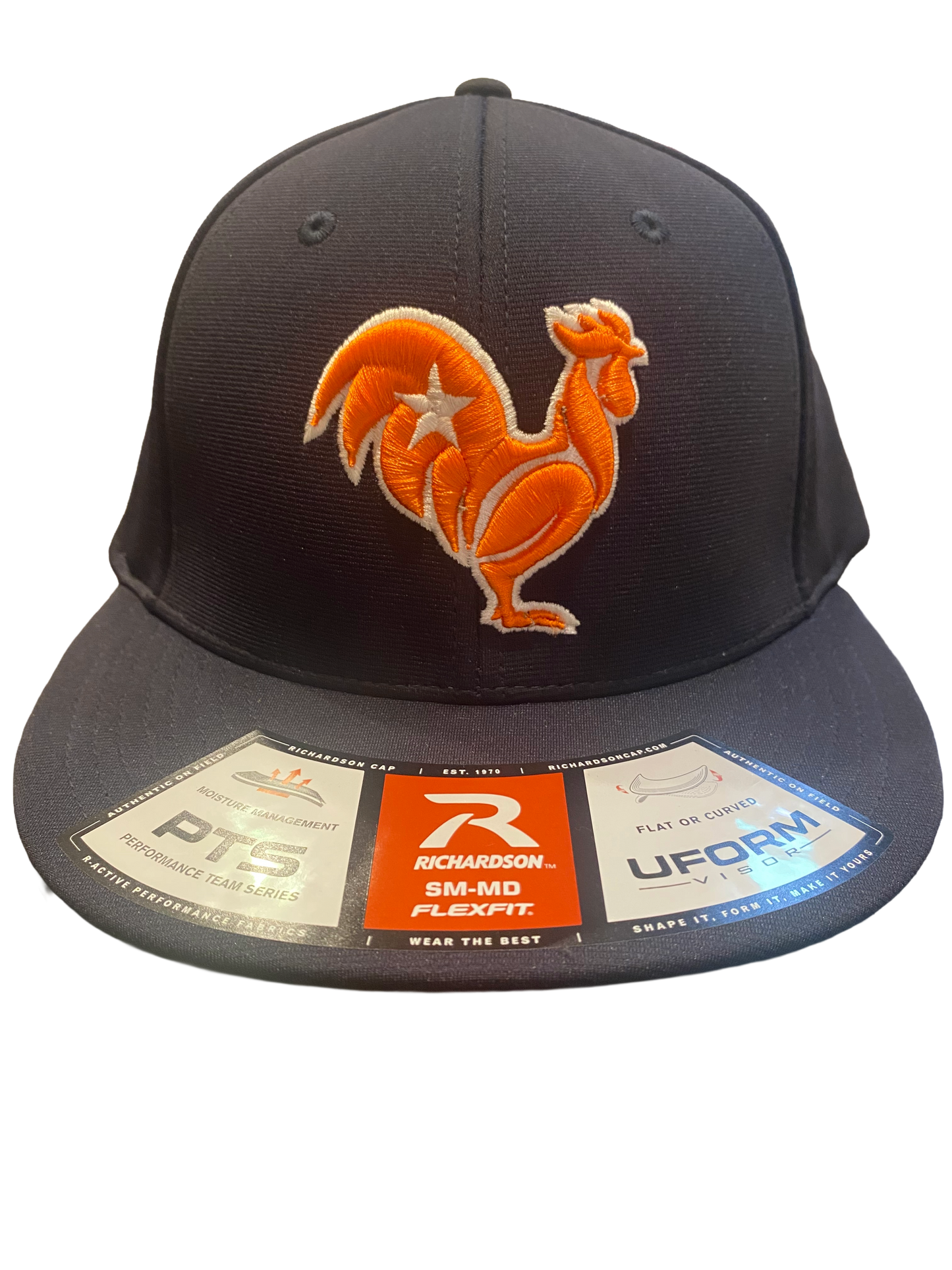 Orange rooster with white outline & star, navy hat