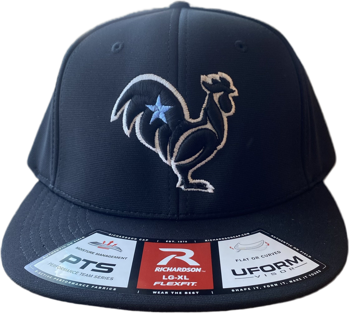 Black rooster with white outline & blue star, black hat