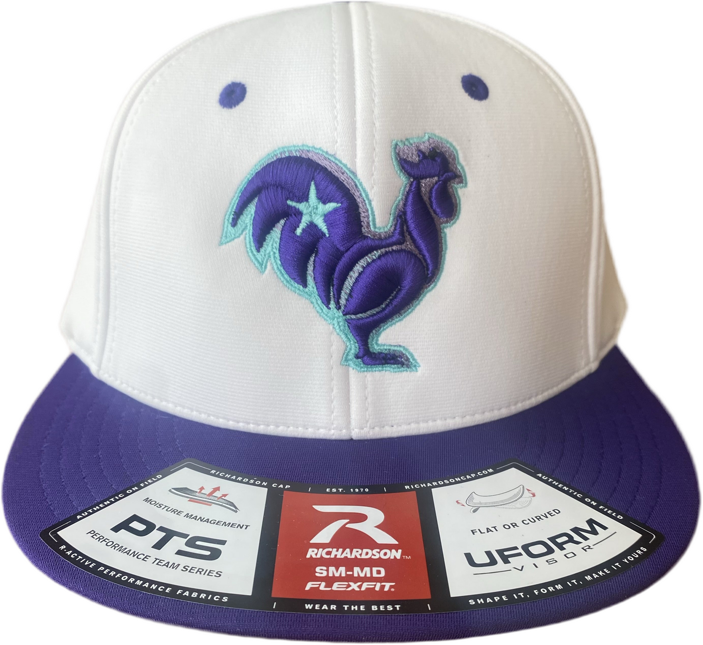 White hat with purple rooster,  teal ombré outline & star