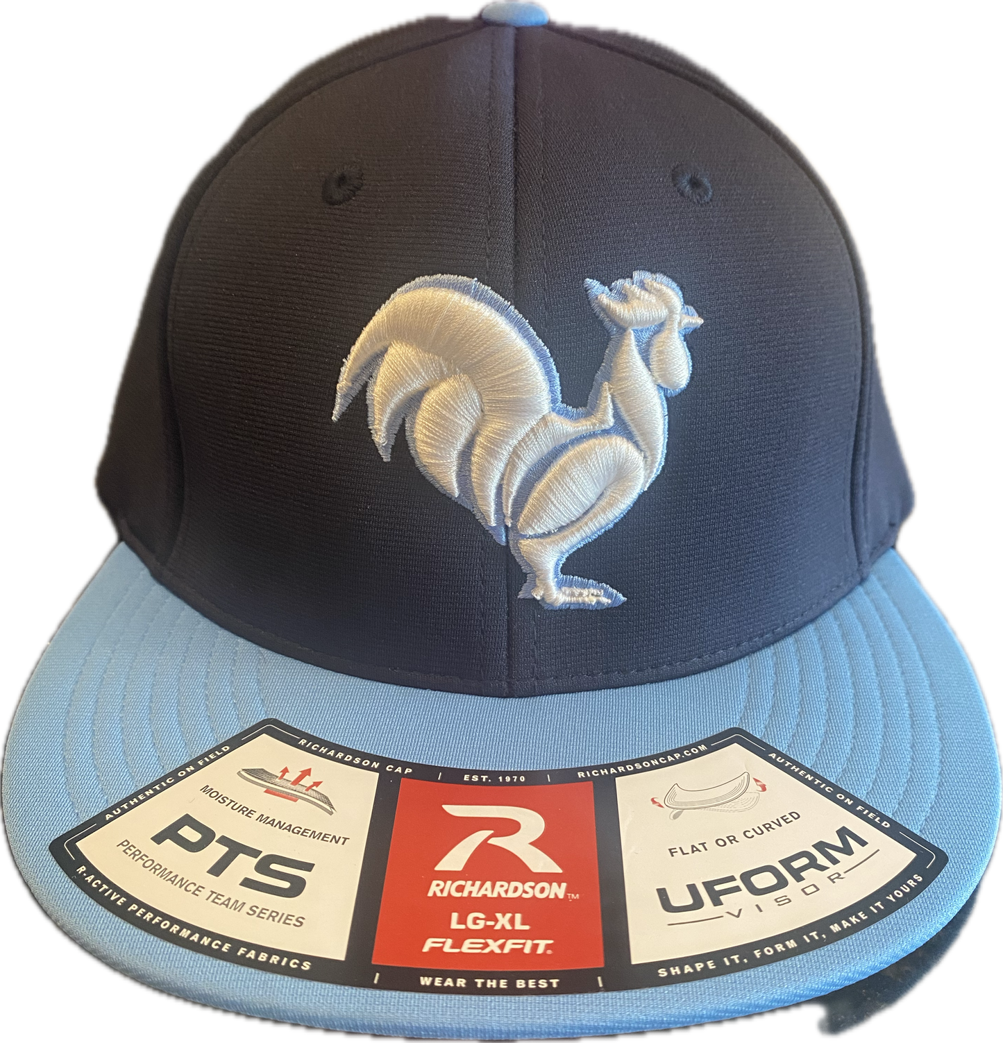 Navy with Carolina blue bill with solid white rooster with blue outline