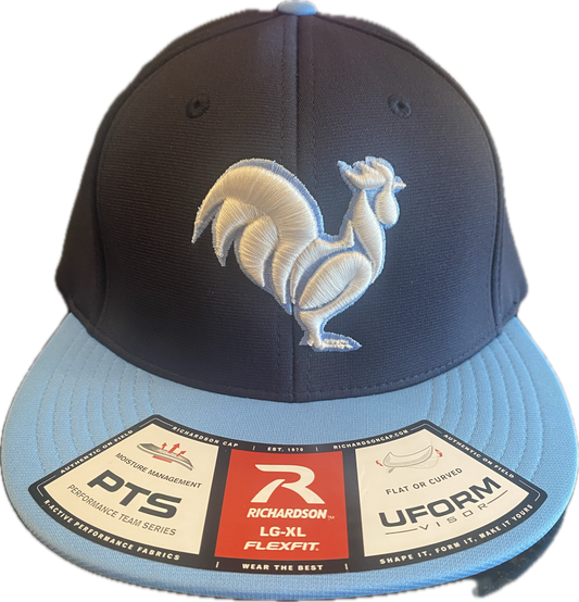 Navy with Carolina blue bill with solid white rooster with blue outline