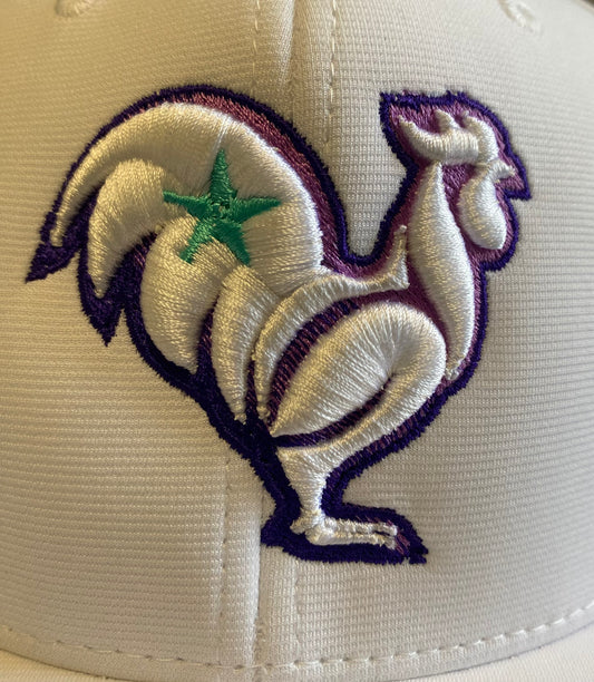 White hat, white rooster with purple ombré outline & teal star