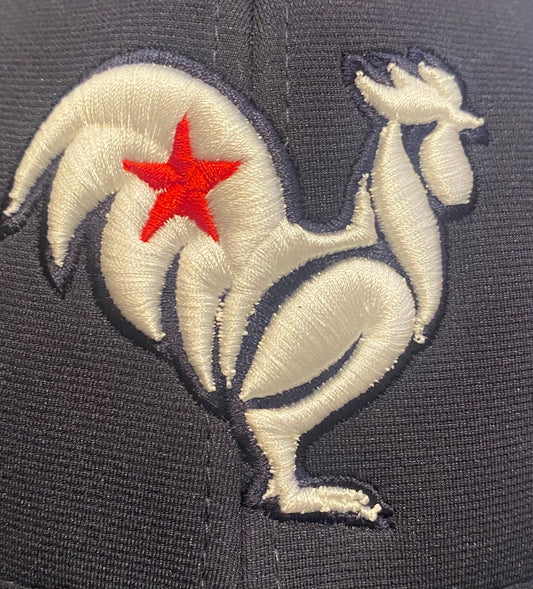 White rooster with red star, navy hat