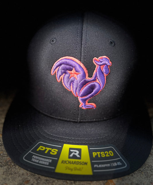 Black hat with purple rooster, orange outline & orange star