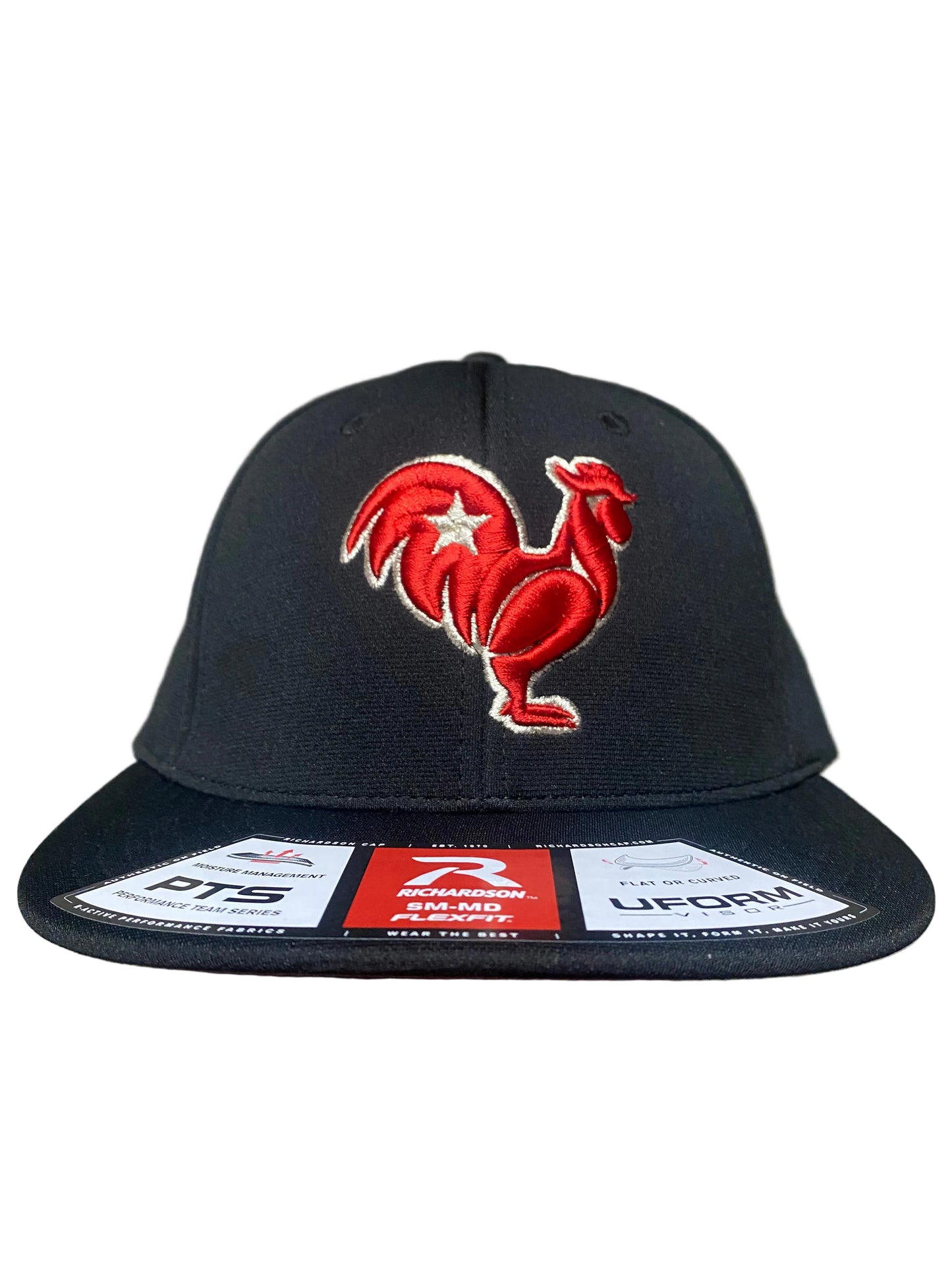 Red rooster with metallic silver outline & star on black