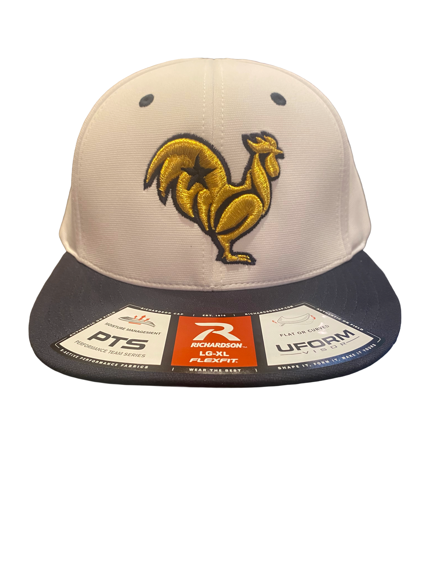 Gold rooster with navy outline & star, navy & white hat