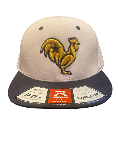 Gold rooster with navy outline & star, navy & white hat