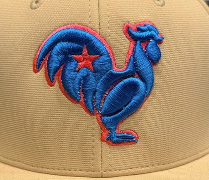 Electric blue rooster with hot pink outline & star, Vegas gold hat