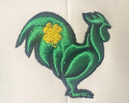 Green rooster with gold clover on white/black