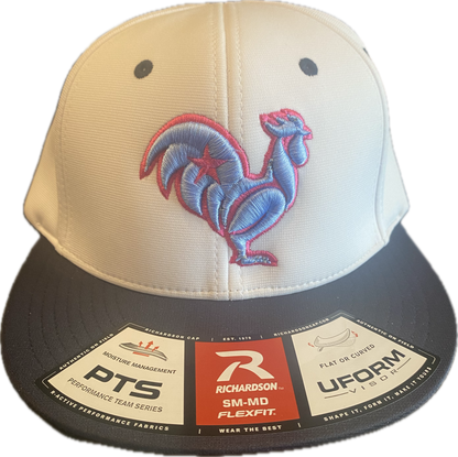 White hat, navy bill. Blue rooster with pink outline & star