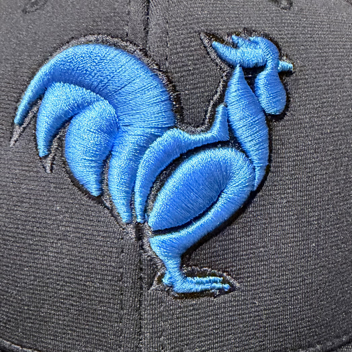 Black hat with electric blue rooster
