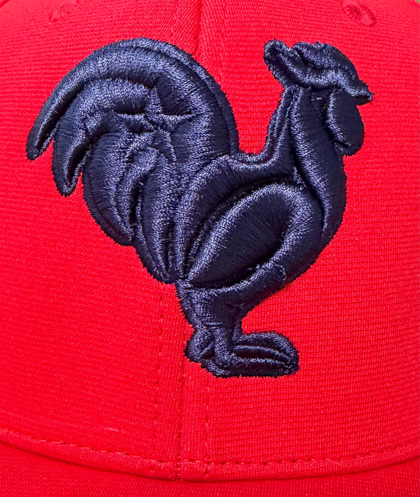 Red hat, navy rooster, navy outline & star