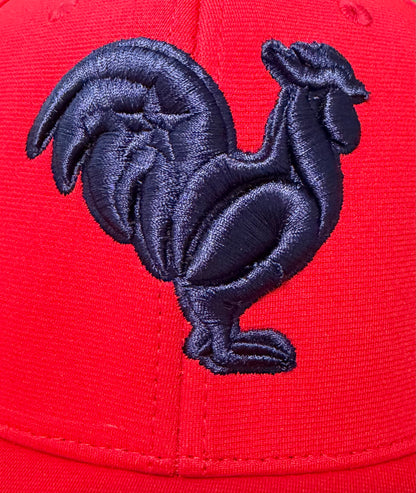 Red hat, navy rooster, navy outline & star