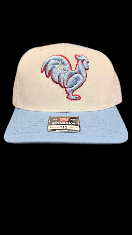 White and Columbia blue Snapback. Columbia blue rooster, white star, red outline