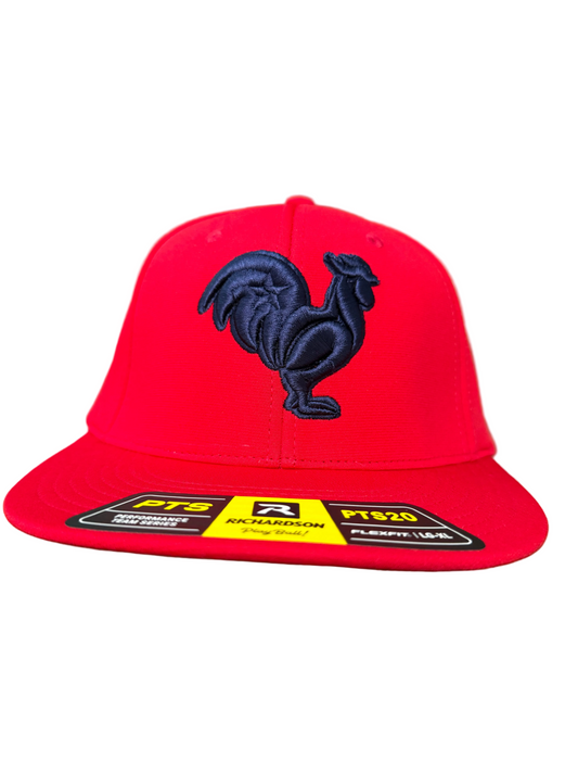 Red hat, navy rooster, navy outline & star