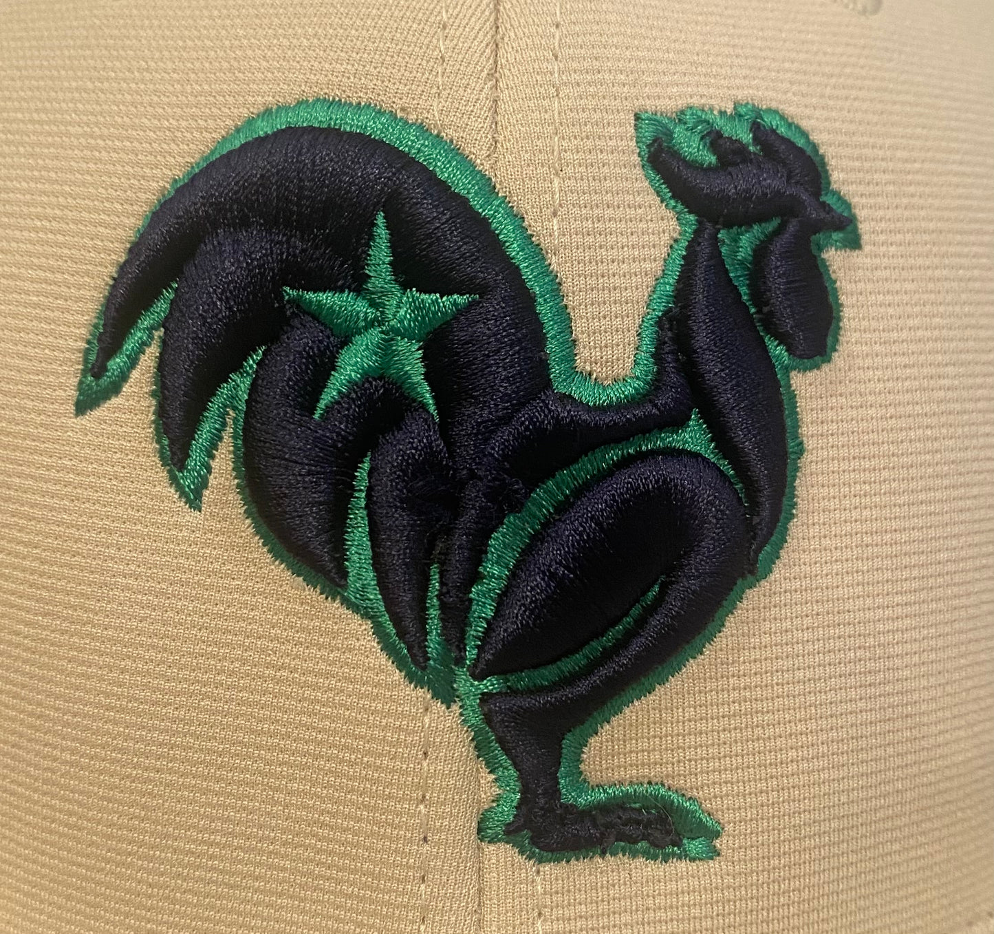 Navy rooster with green outline & star, khaki hat