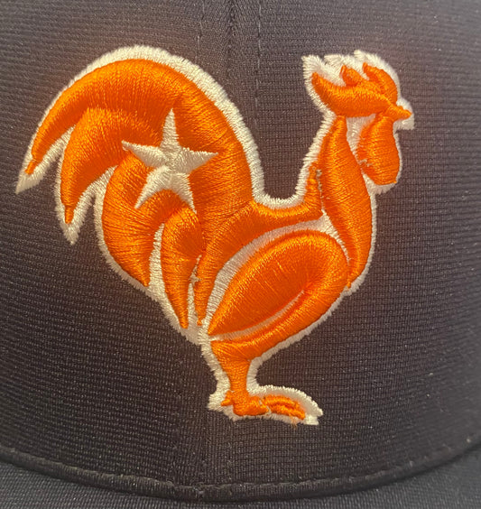 Orange rooster with white outline & star, navy hat