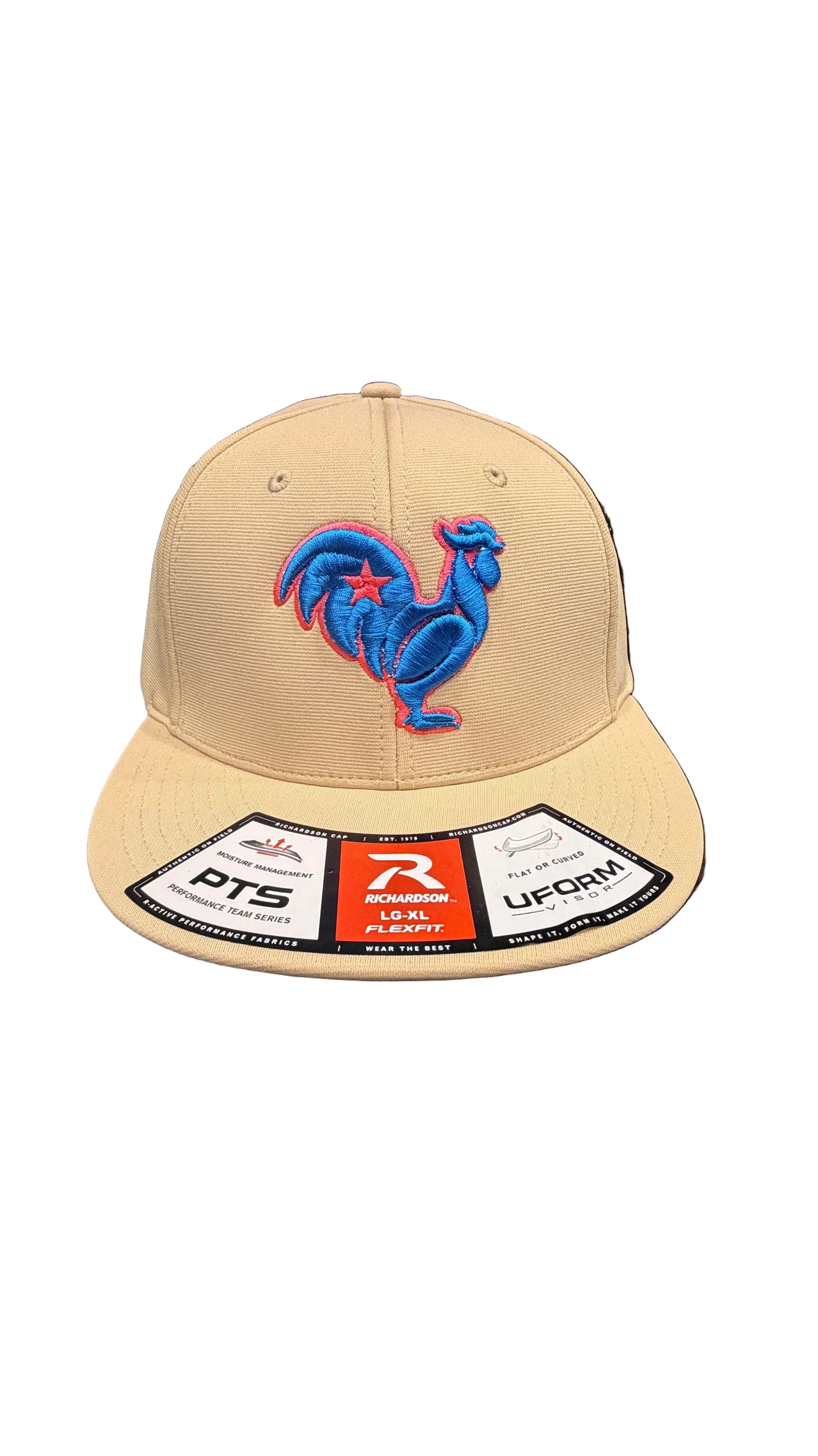 Electric blue rooster with hot pink outline & star, Vegas gold hat