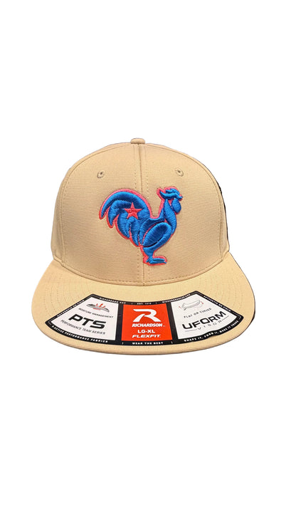 Electric blue rooster with hot pink outline & star, Vegas gold hat