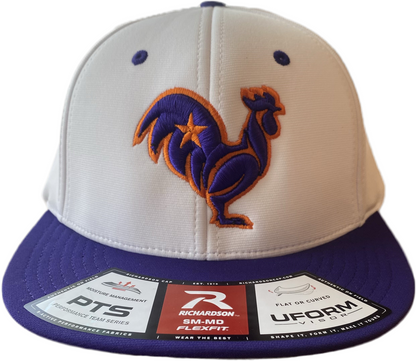 Purple rooster with orange outline & star on white/purple hat