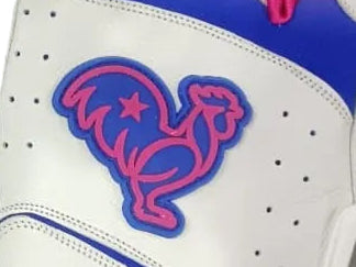 White with pink and blue