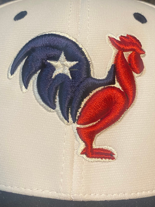 White/Navy hat with blue & red rooster, white star