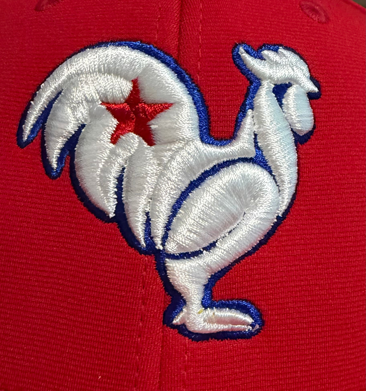 Red hat, white rooster, royal blue outline & star