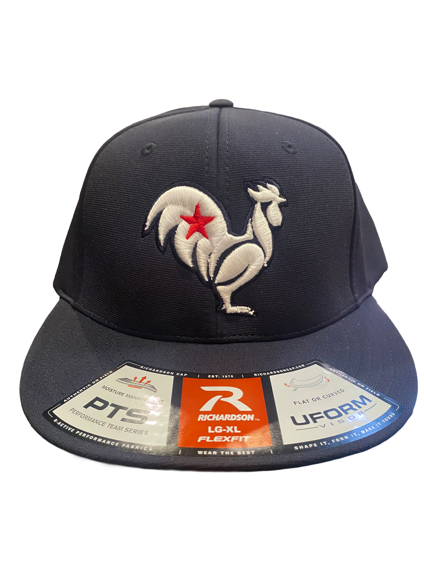 White rooster with red star, navy hat