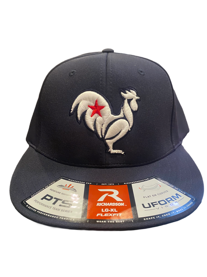 White rooster with red star, navy hat