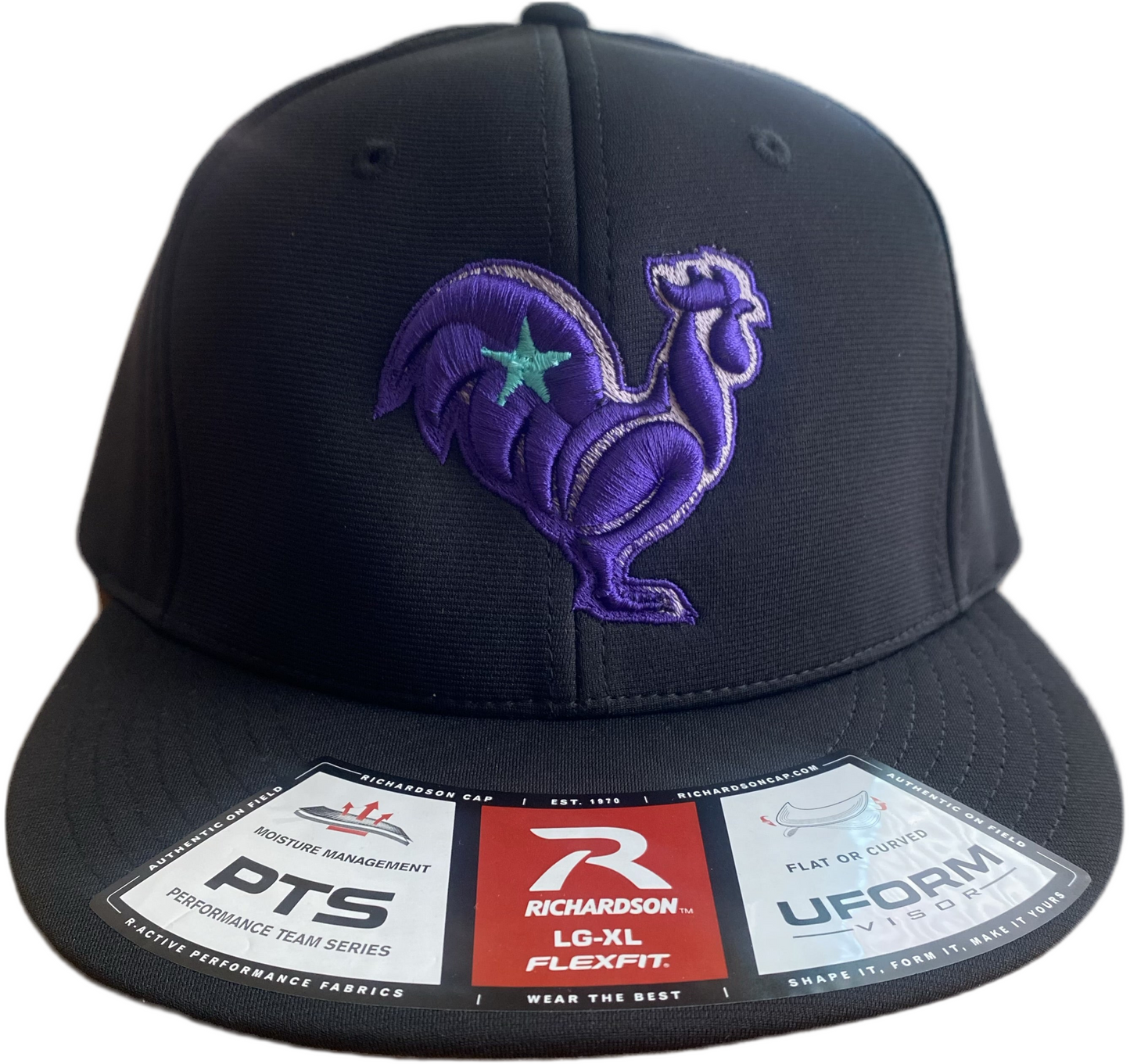 Black hat with purple rooster & ombré outline & teal star