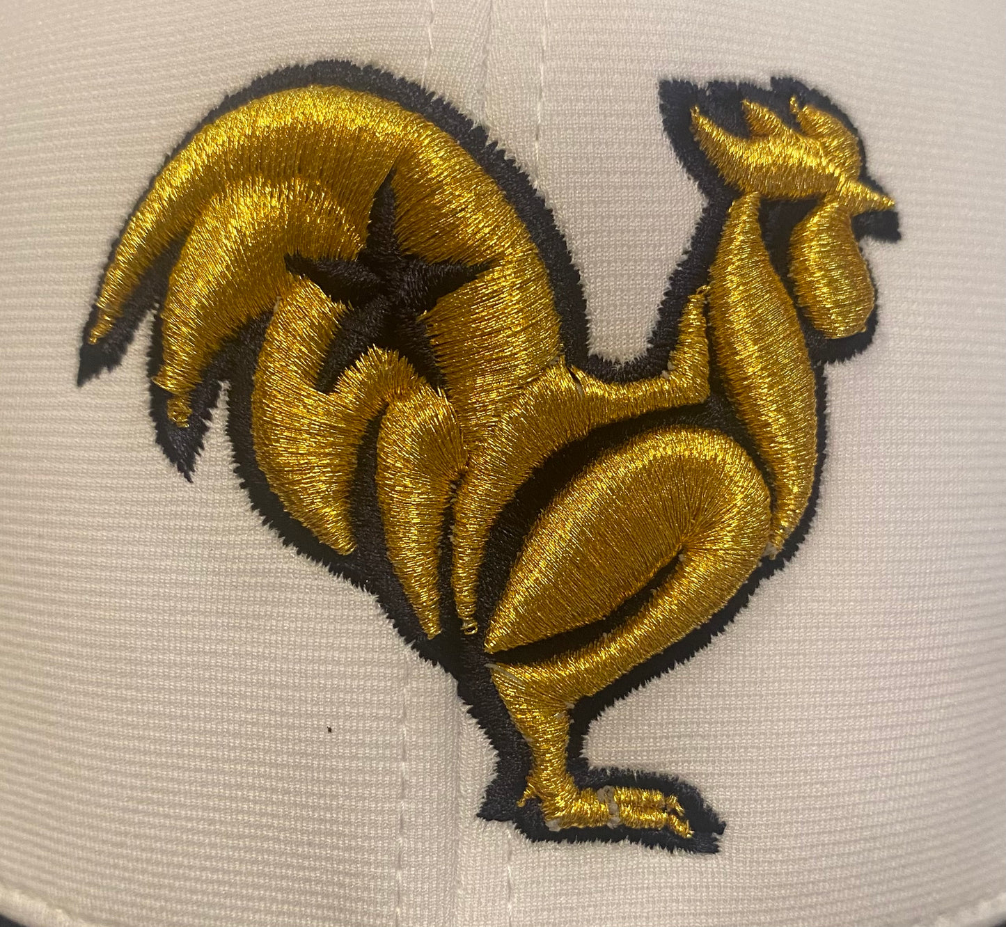 Gold rooster with navy outline & star, navy & white hat