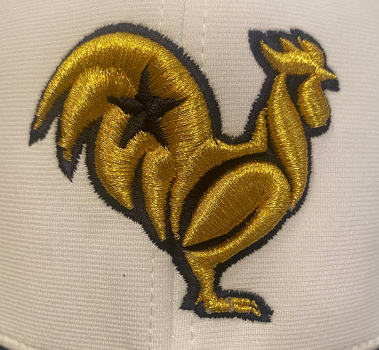 Gold rooster with navy outline & star, navy & white hat