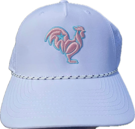 Light pink rooster with teal outline & star on white SnapBack