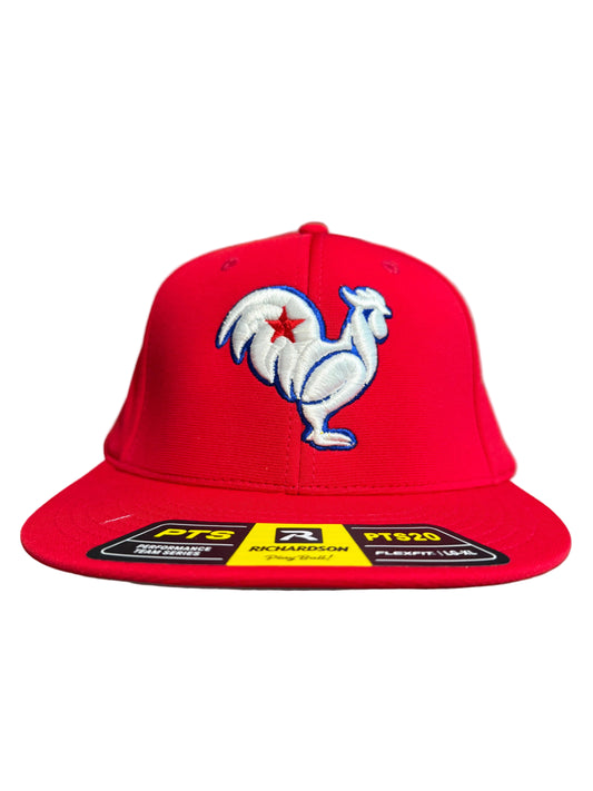Red hat, white rooster, royal blue outline & star